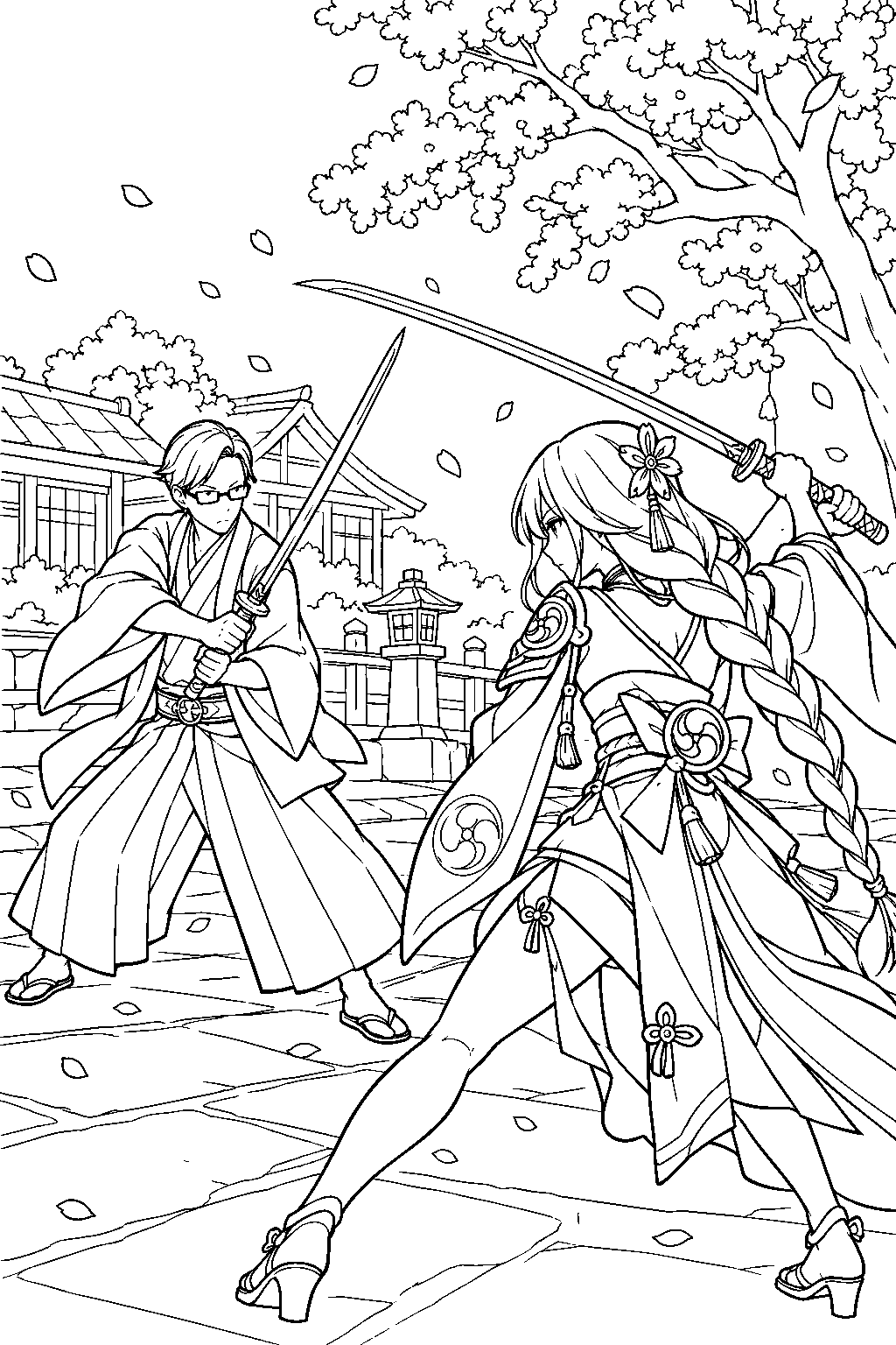 genshin impact raiden shogun dueling kujou kamaji in the takatsukasa clan outpost line art