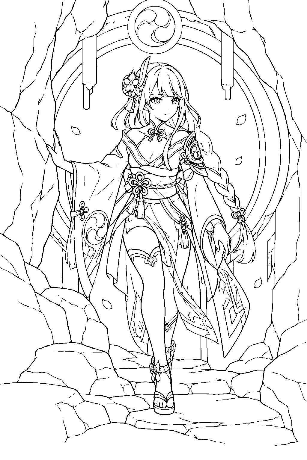 genshin impact raiden shogun entering the secret realm below the grand narukami shrine line art