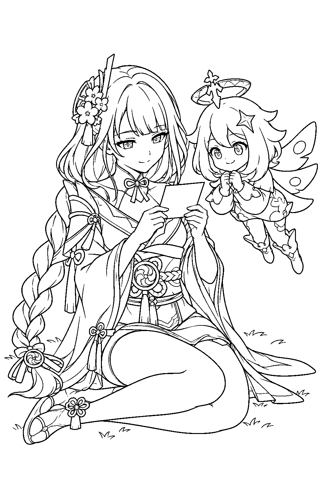 genshin impact raiden shogun examining her printed photograph with paimon line art