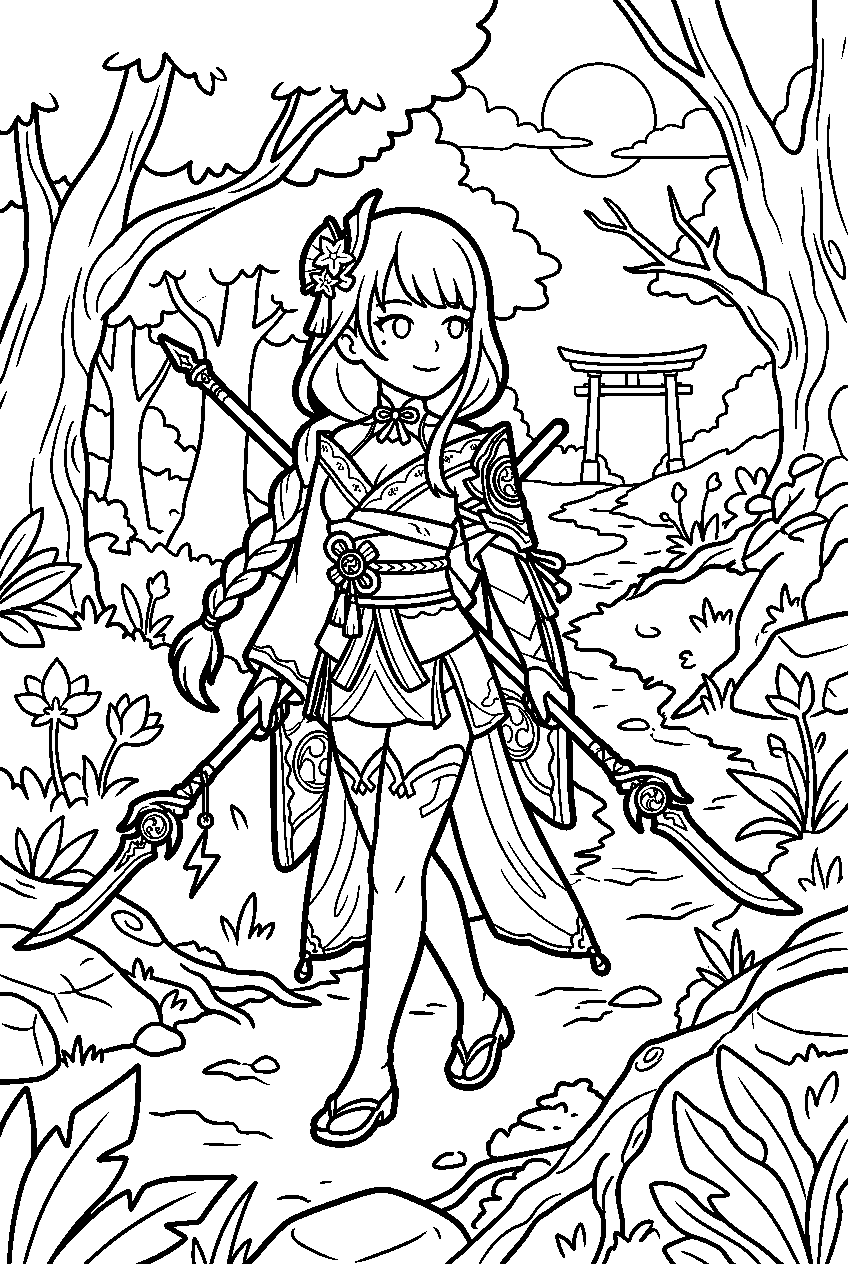 genshin impact raiden shogun exploring in chinju forest line art