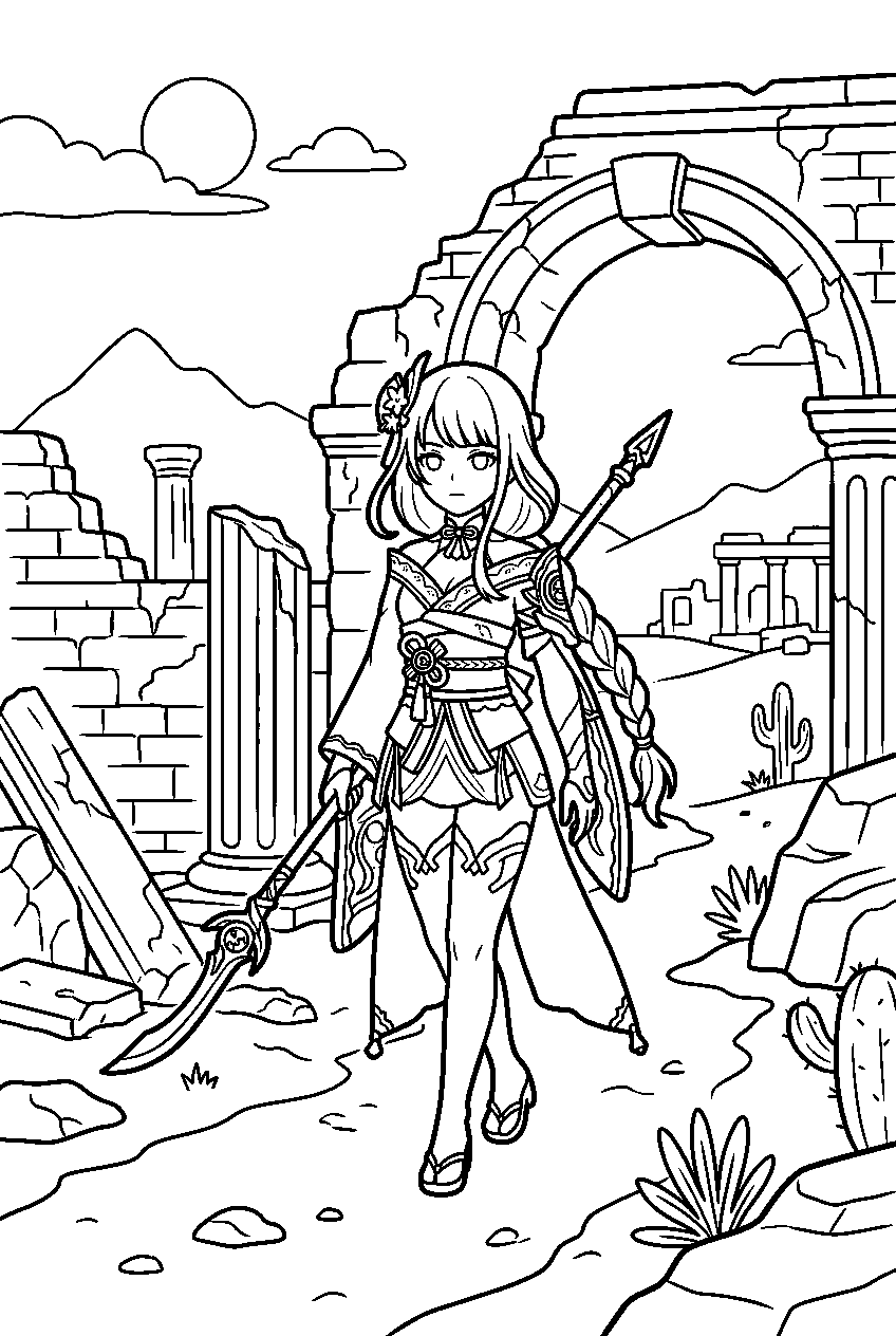 genshin impact raiden shogun exploring in desert ruins line art