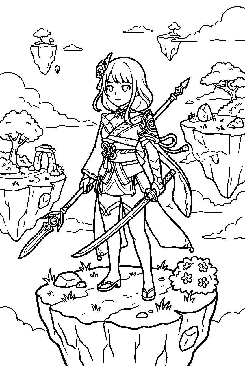 genshin impact raiden shogun exploring in floating island line art