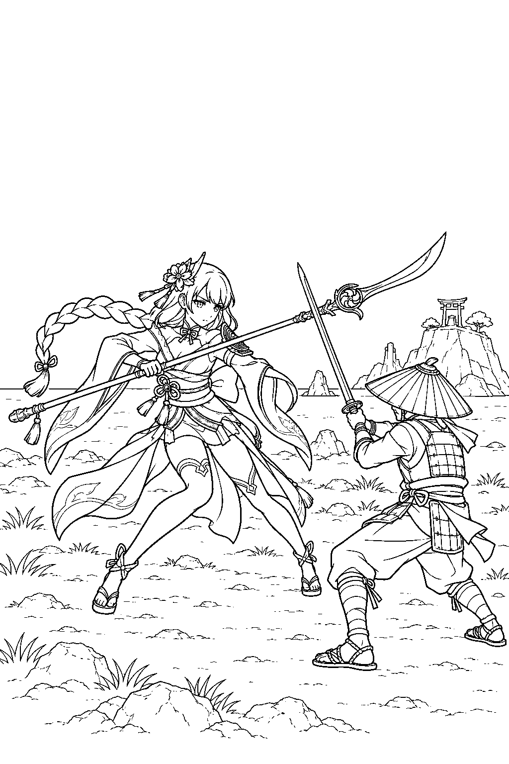genshin impact raiden shogun fighting a nobushi swordsman with her polearm on jinren island line art