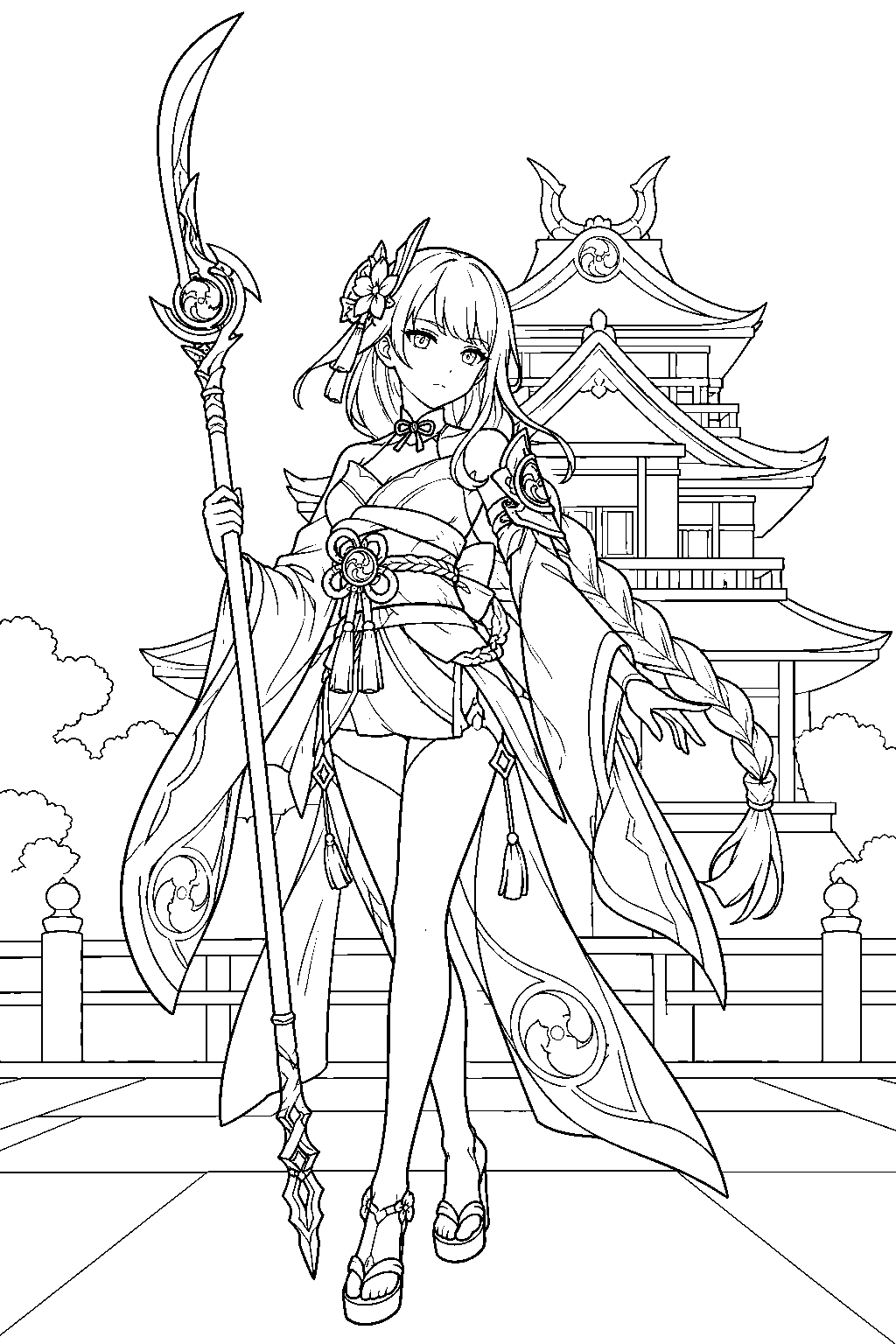genshin impact raiden shogun holding engulfing lightning before tenshukaku line art