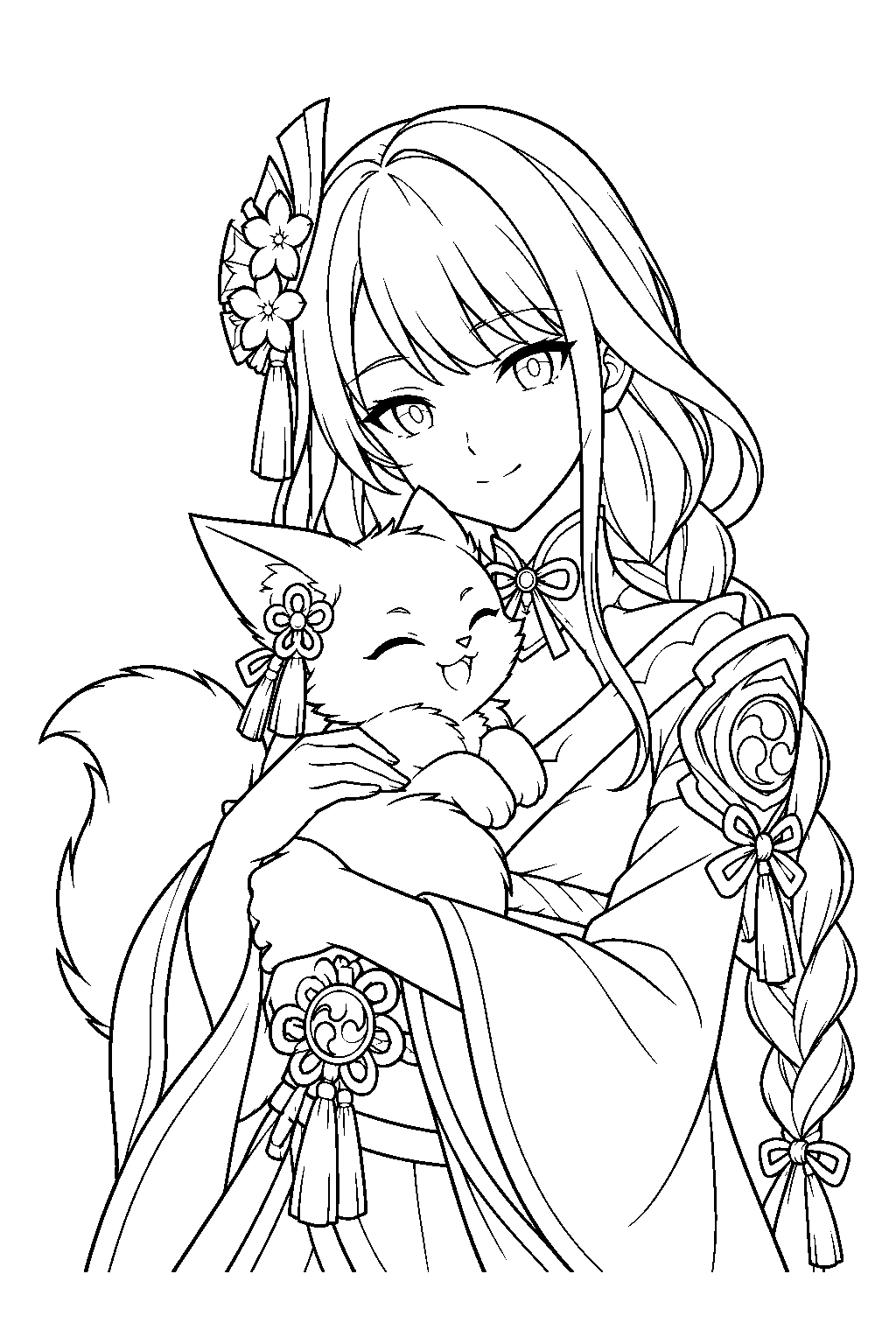 genshin impact raiden shogun holding young yae miko in her fox form line art