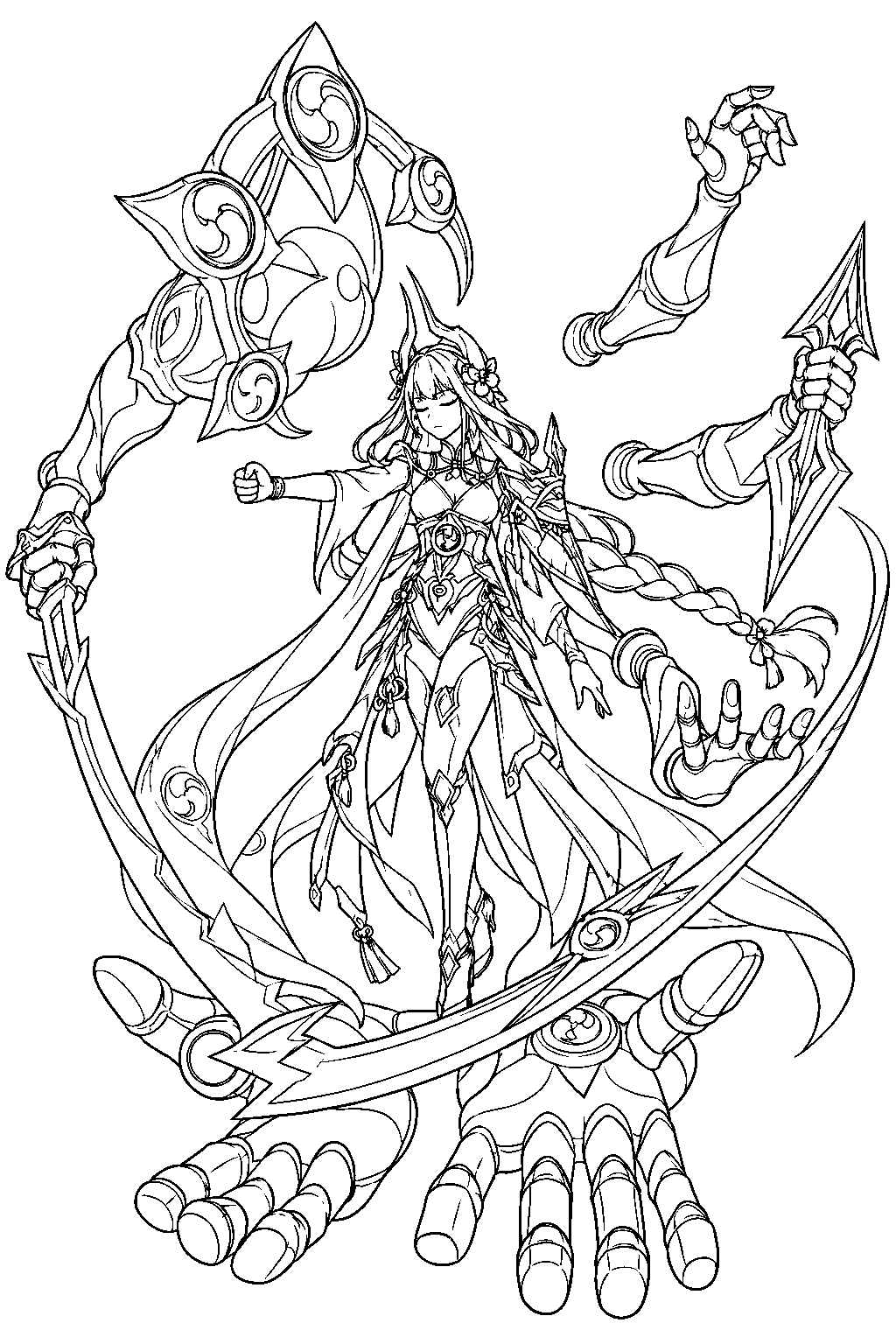 genshin impact raiden shogun in baleful shadowlord form with floating mechanical arms and a giant sword line art