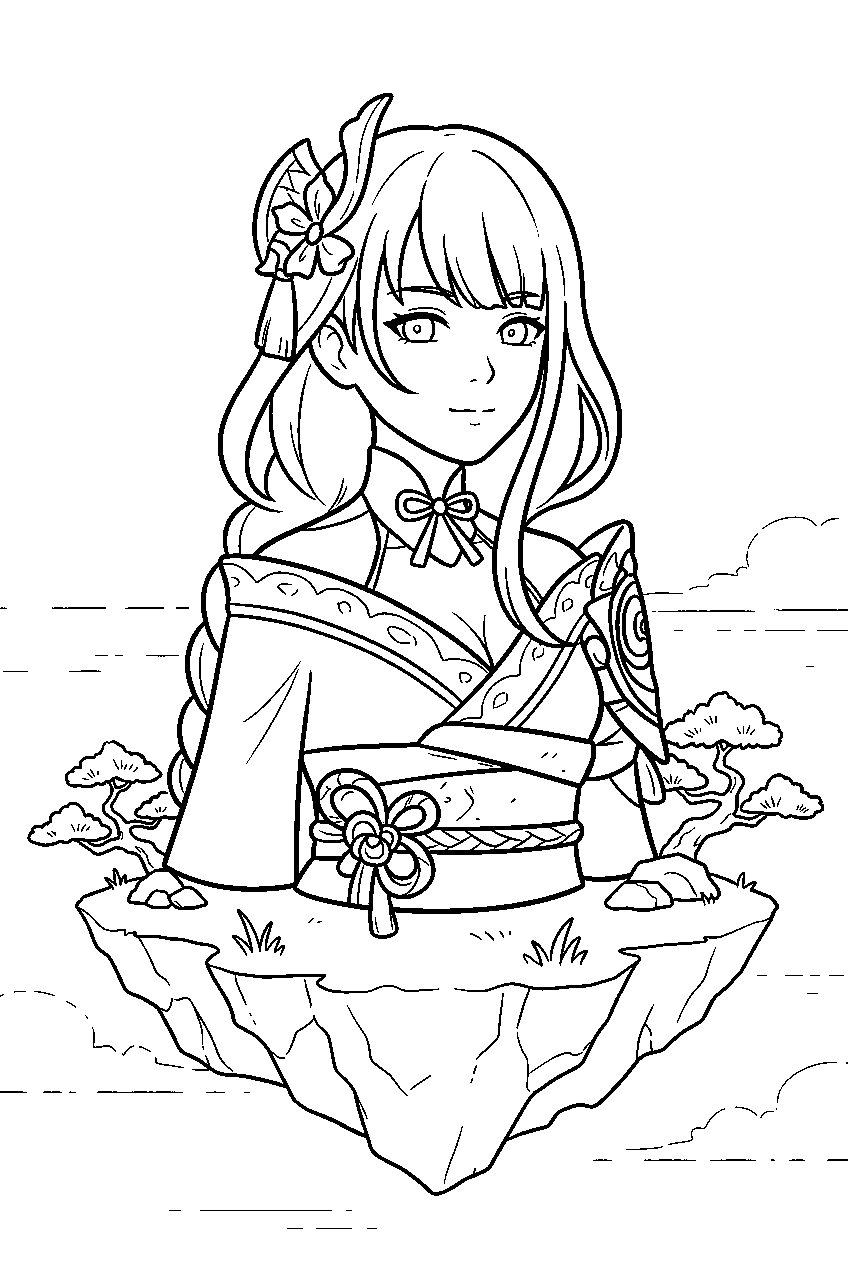 genshin impact raiden shogun in floating island line art