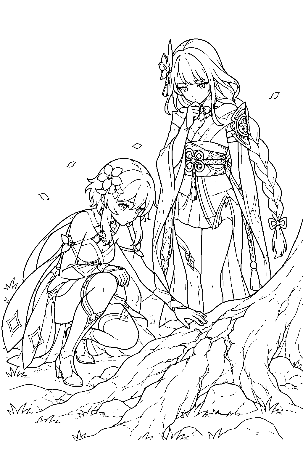 genshin impact raiden shogun inspecting damaged sacred sakura roots with the traveler line art