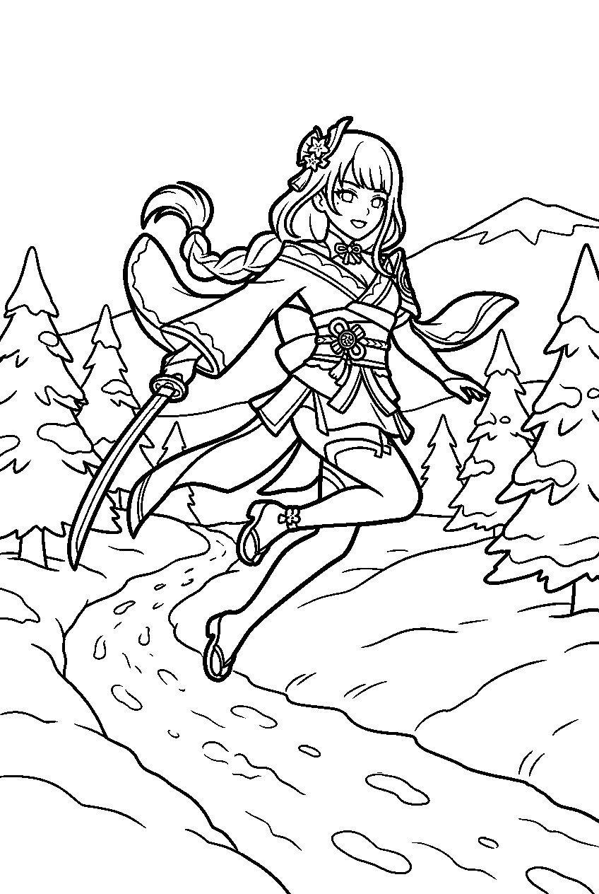 genshin impact raiden shogun jumping in snow covered path line art