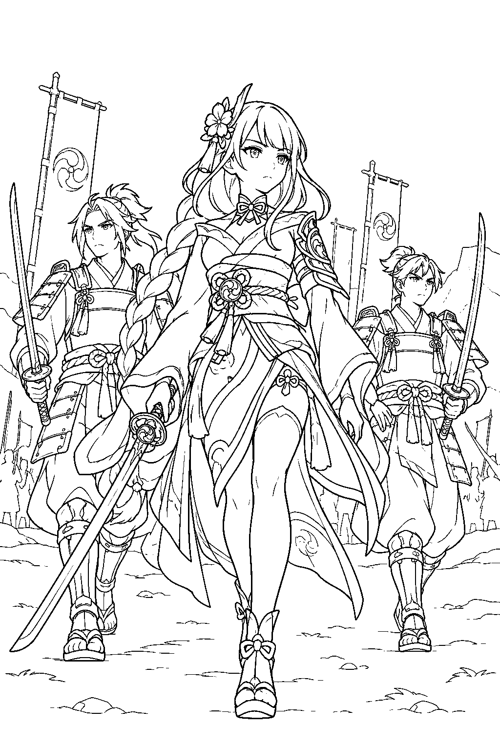 genshin impact raiden shogun leading samurai to defend inazuma during the cataclysm line art