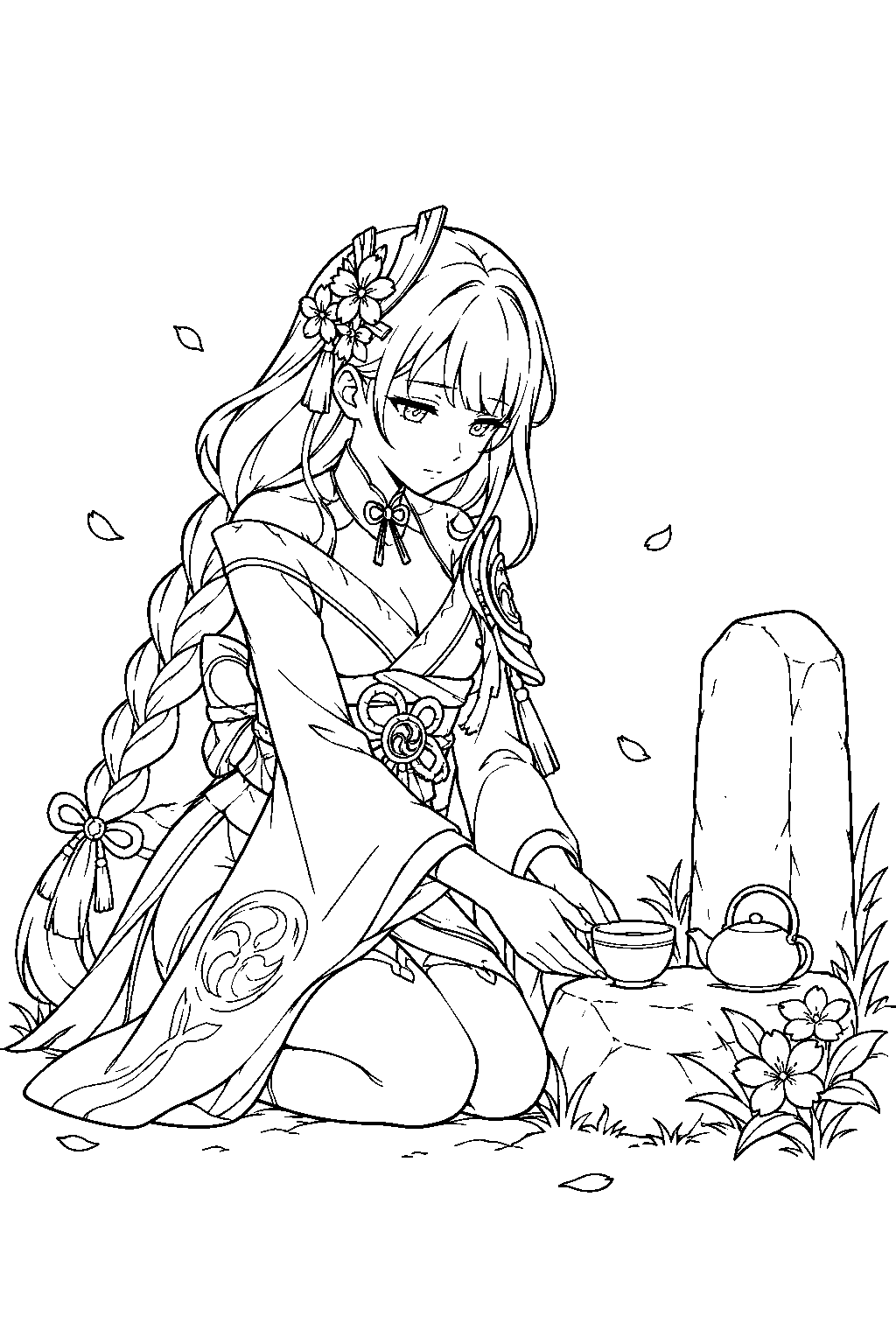 genshin impact raiden shogun leaving a cup of tea in memory of furuyama line art