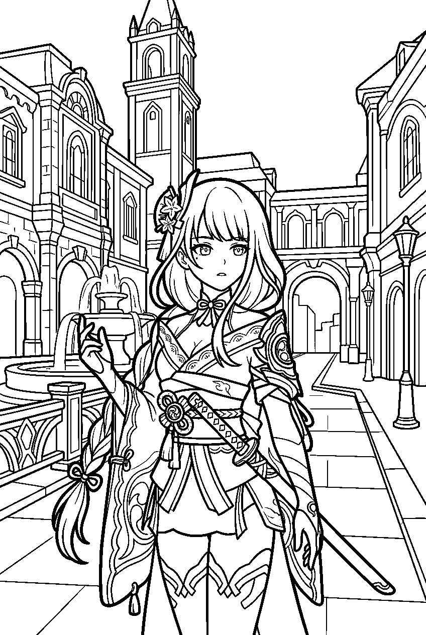 genshin impact raiden shogun looking around in fontaine city line art