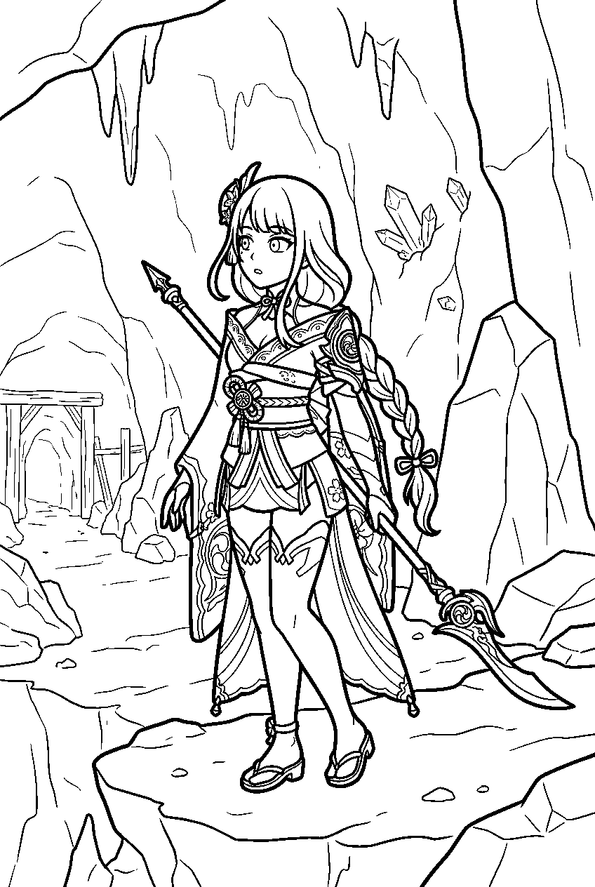 genshin impact raiden shogun looking around in underground mines line art