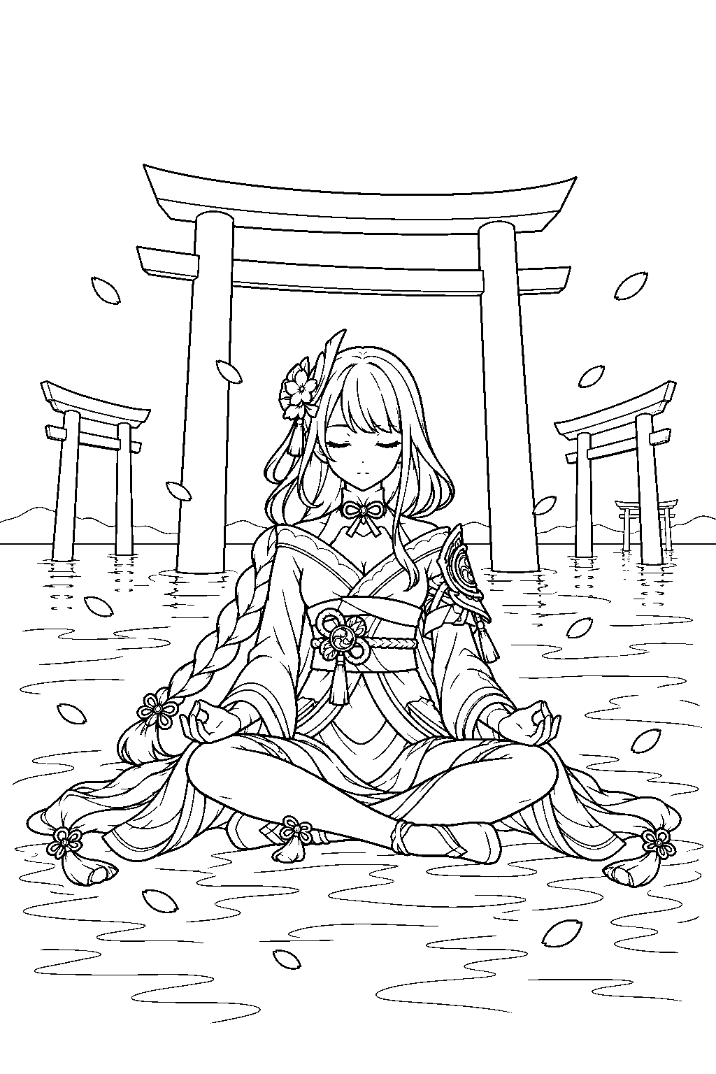 genshin impact raiden shogun meditating among torii gates in the plane of euthymia line art