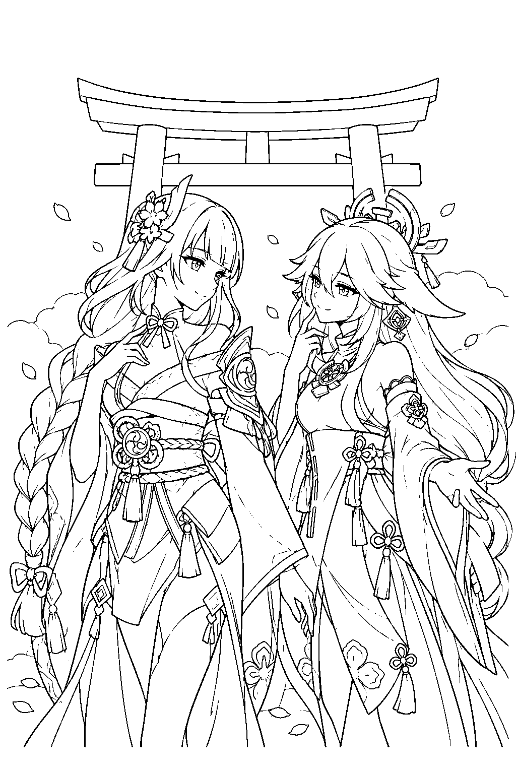 genshin impact raiden shogun meeting yae miko inside the plane of euthymia line art