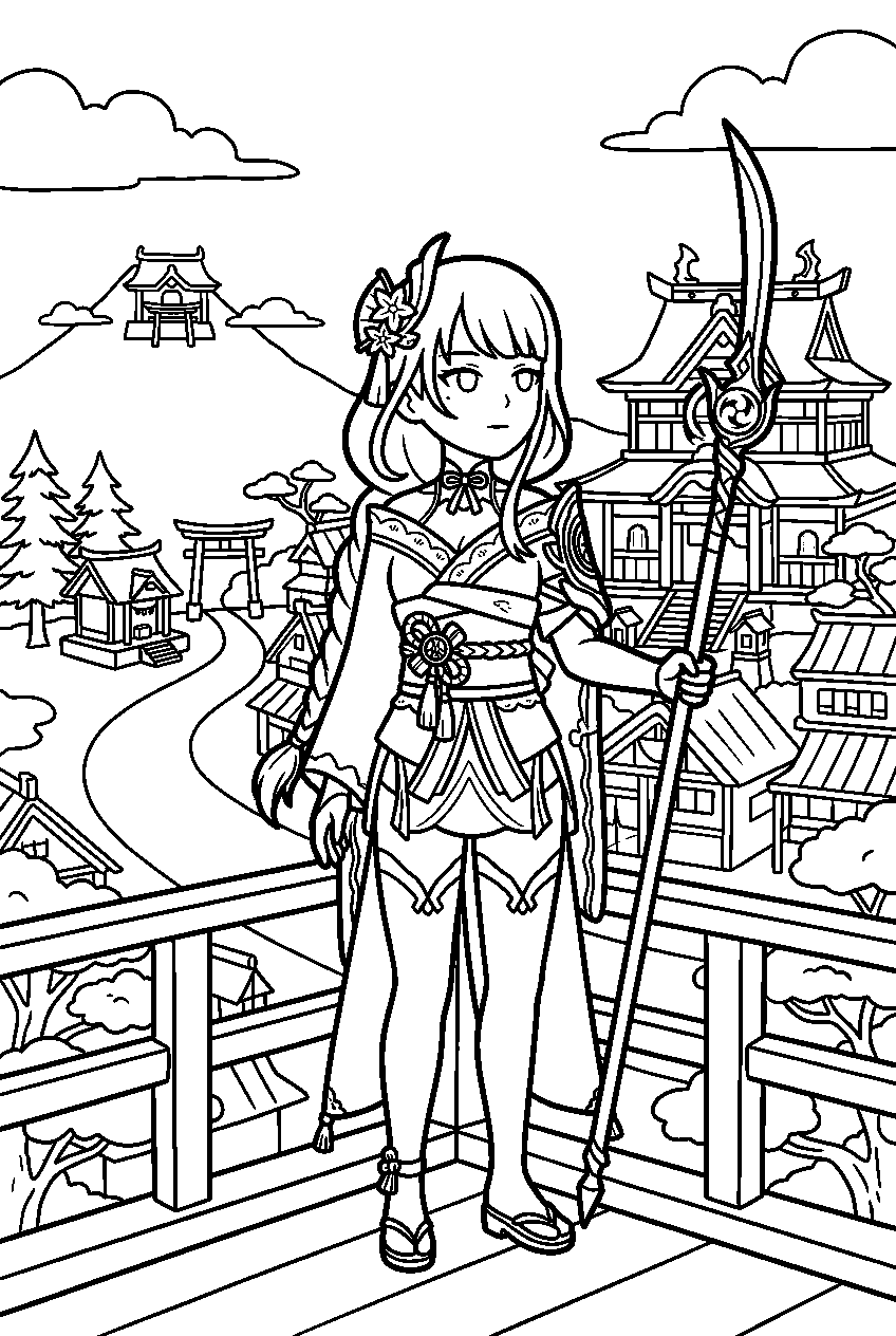 genshin impact raiden shogun observing in inazuma city line art