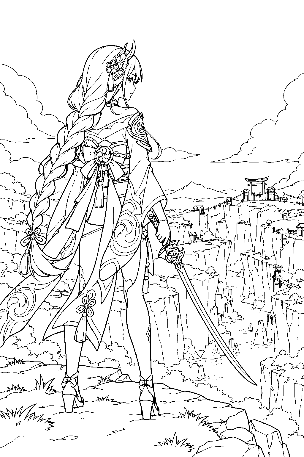 genshin impact raiden shogun overlooking musoujin gorge on yashiori island line art