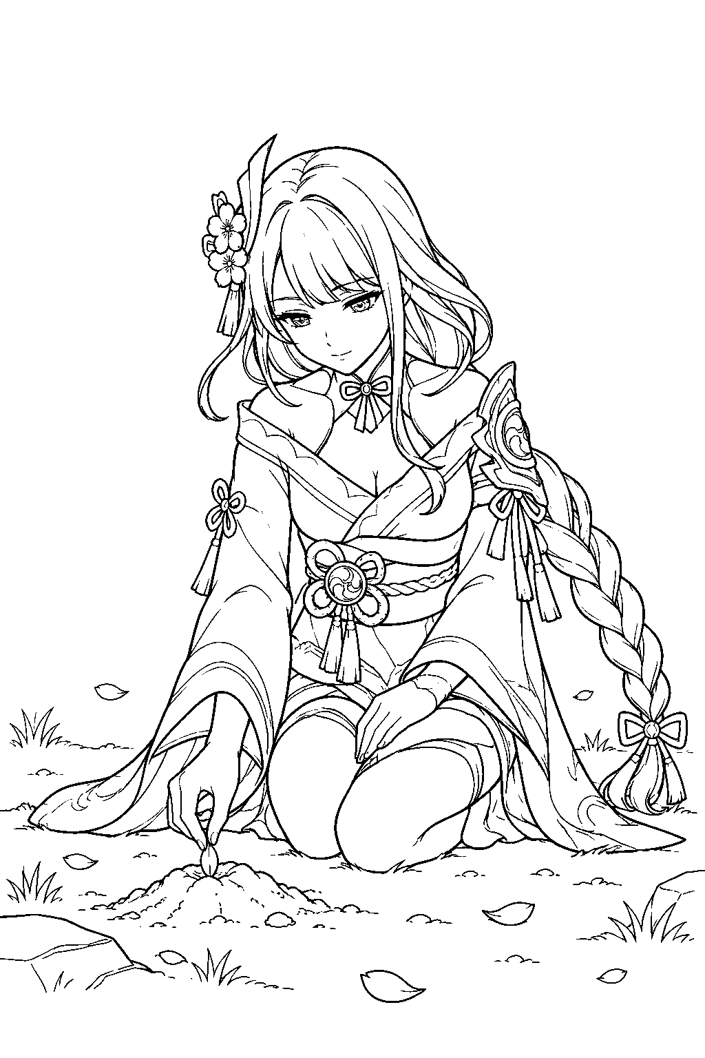 genshin impact raiden shogun planting the seed that becomes the sacred sakura line art
