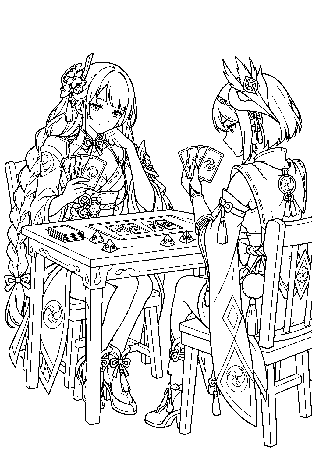 genshin impact raiden shogun playing genius invokation tcg against kujou sara line art