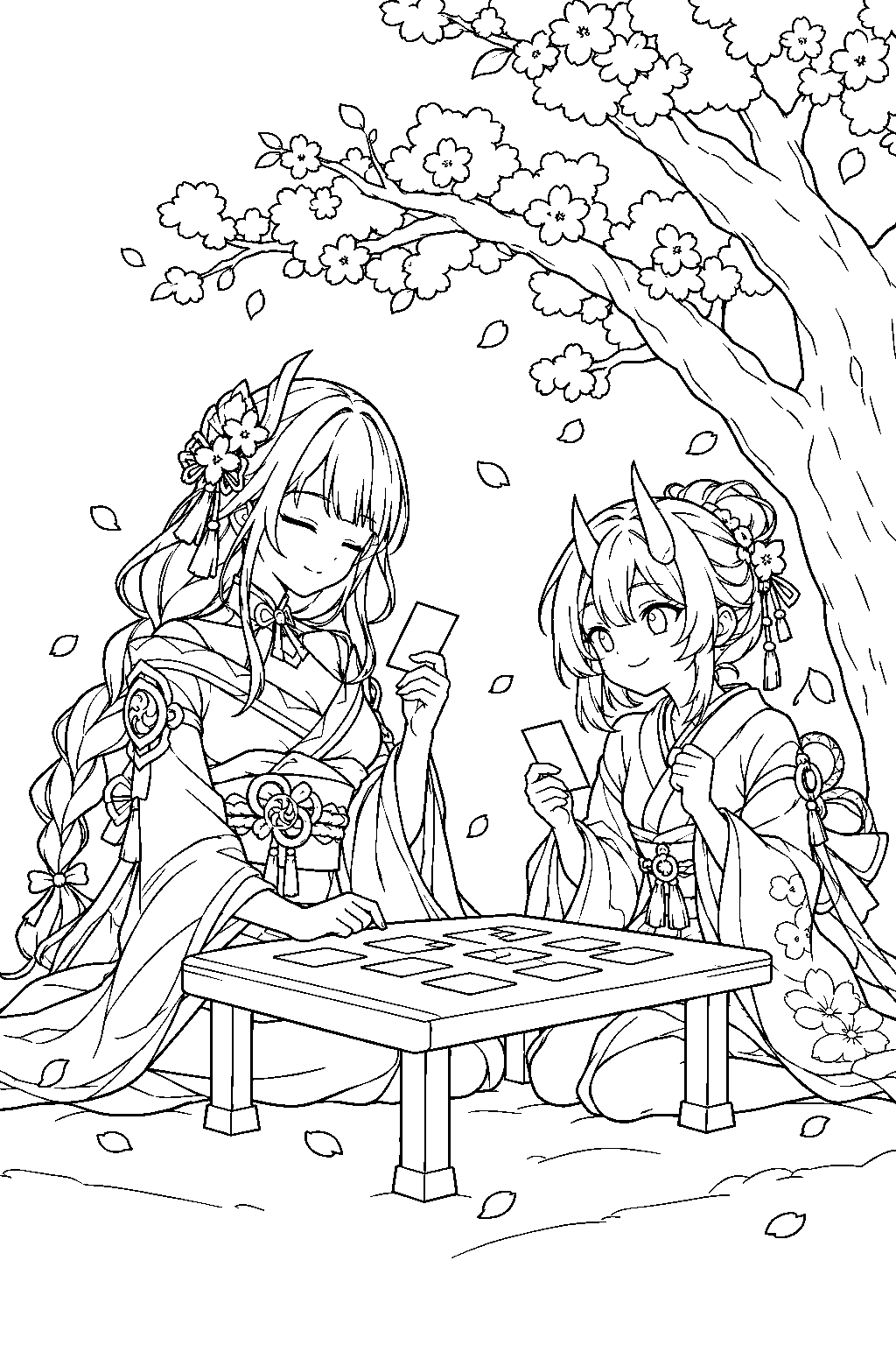genshin impact raiden shogun playing karuta with mikoshi chiyo under a sakura tree line art
