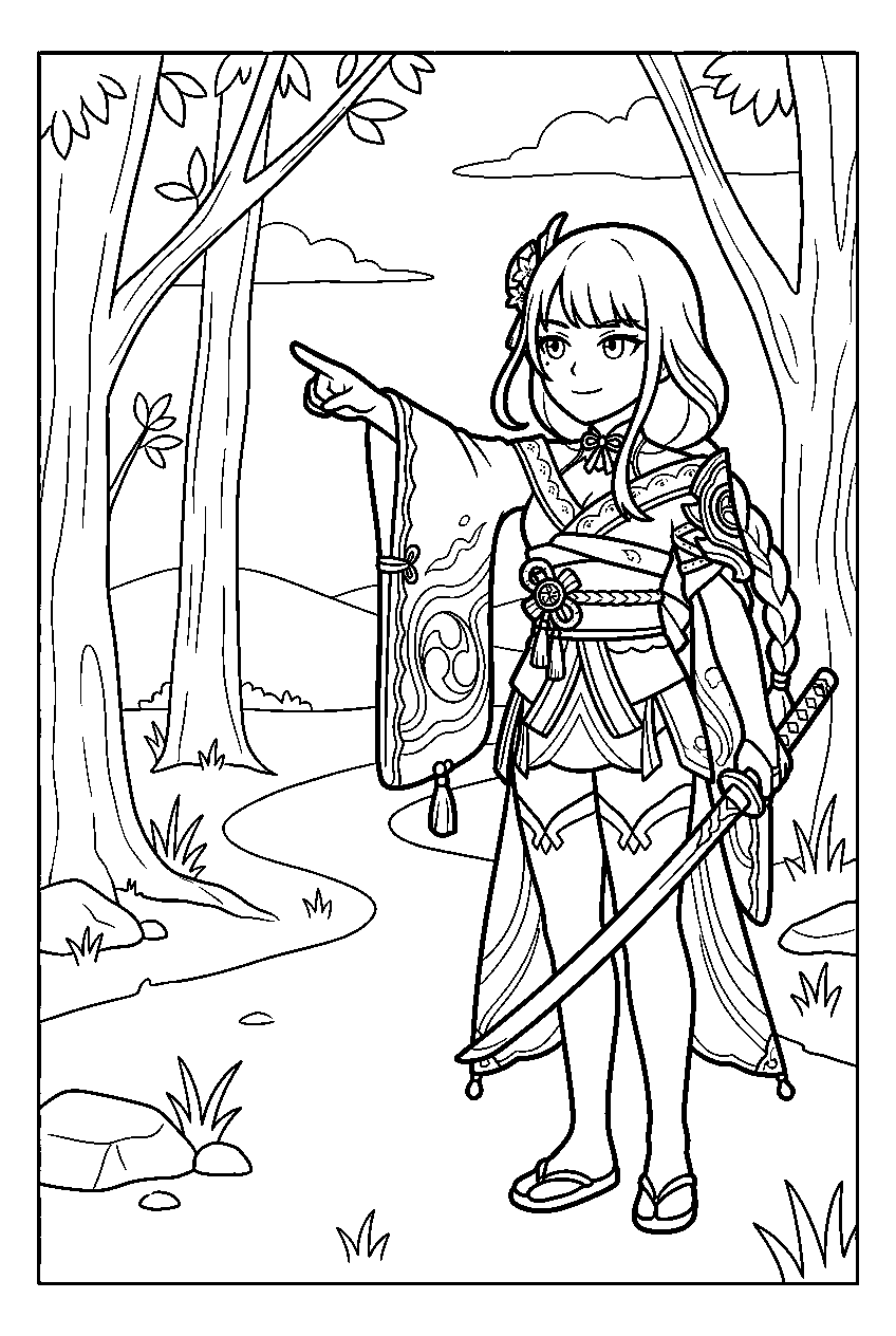 genshin impact raiden shogun pointing in whispering woods line art