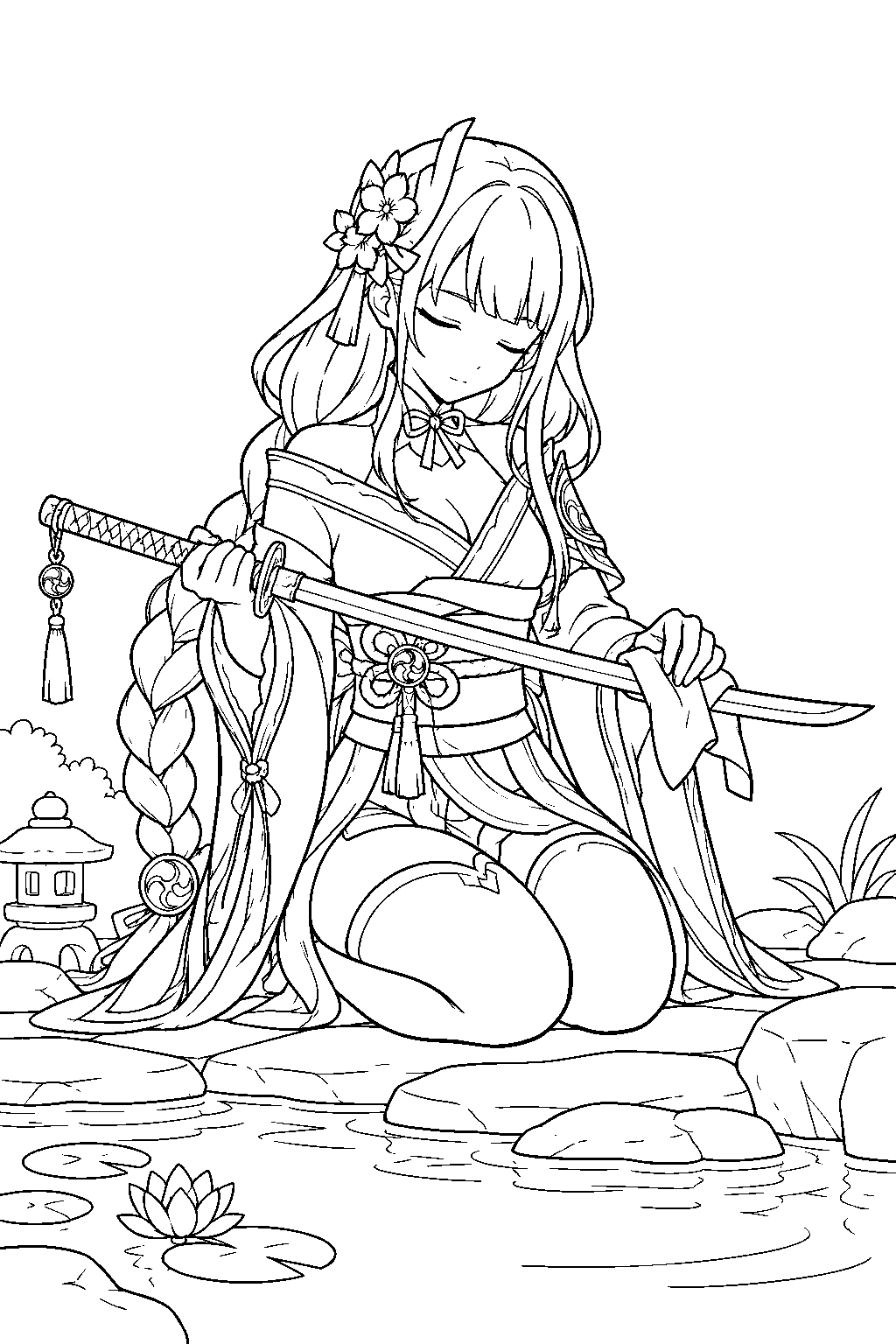 genshin impact raiden shogun polishing her sword beside a garden pond line art