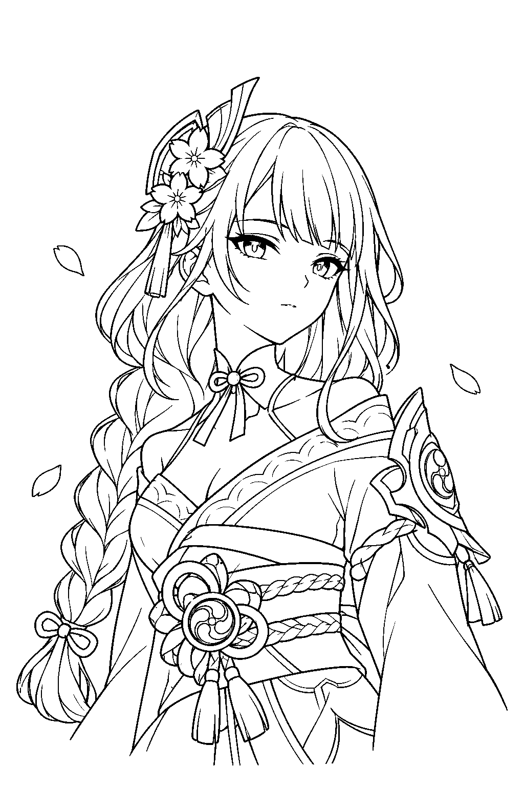 genshin impact raiden shogun portrait with her flower hair ornament and long braid line art