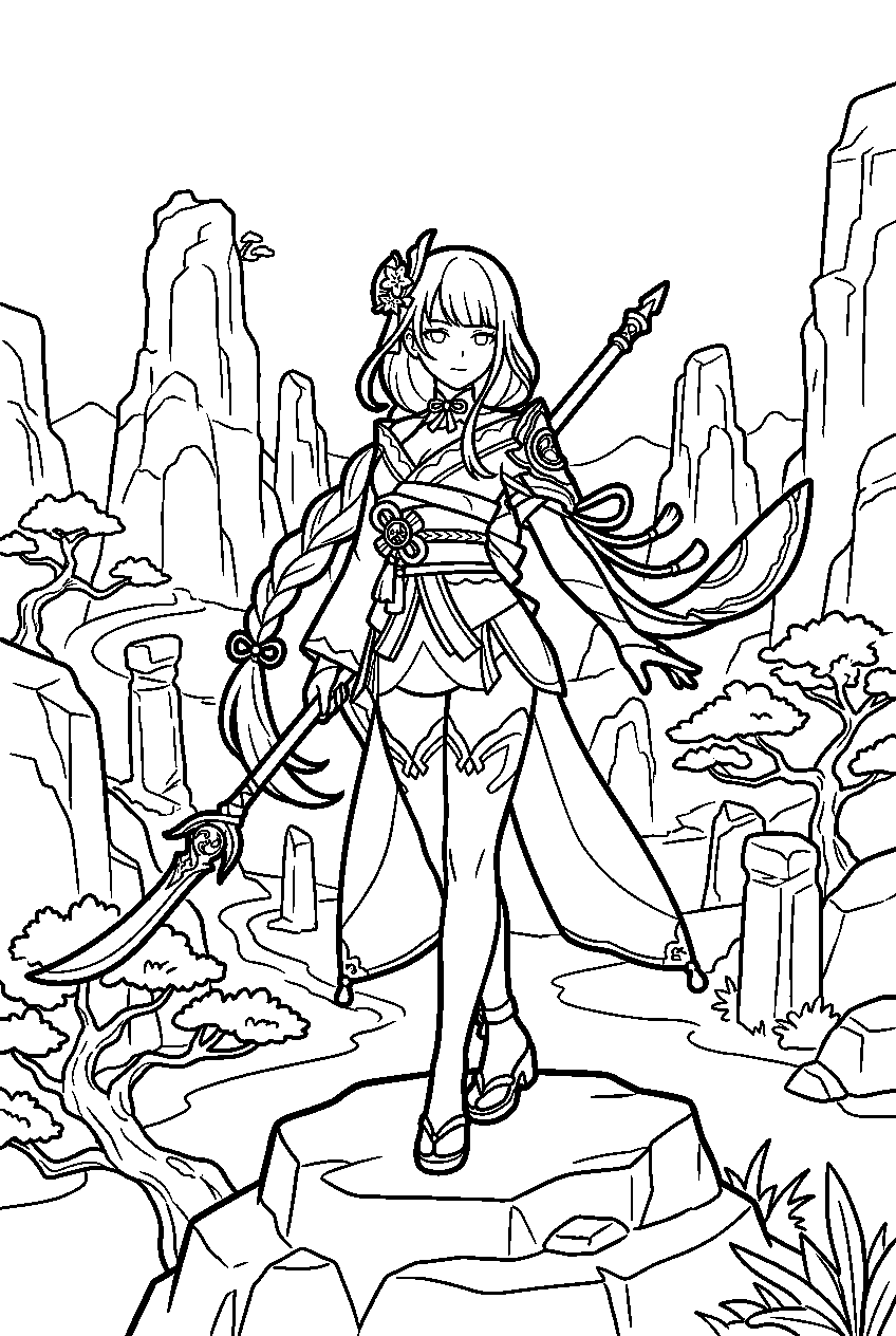 genshin impact raiden shogun posing among stone forests of liyue line art