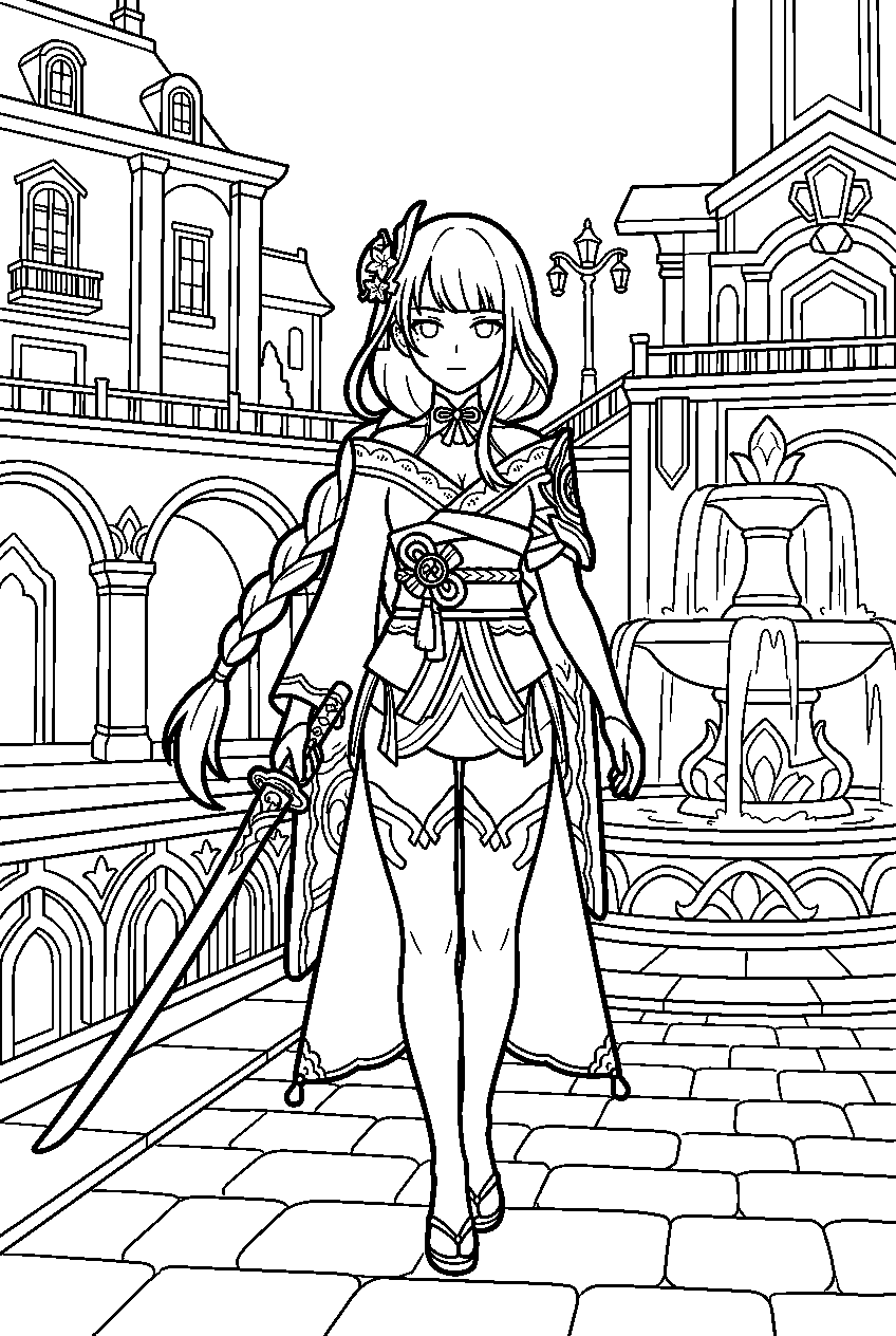 genshin impact raiden shogun posing in fontaine court line art