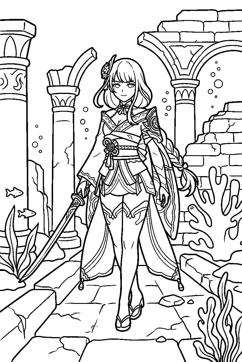 genshin impact raiden shogun posing in underwater ruins line art