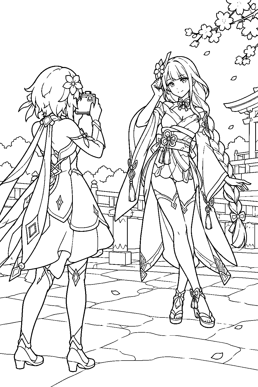 genshin impact raiden shogun posing while lumine takes her first photograph with a kamera line art