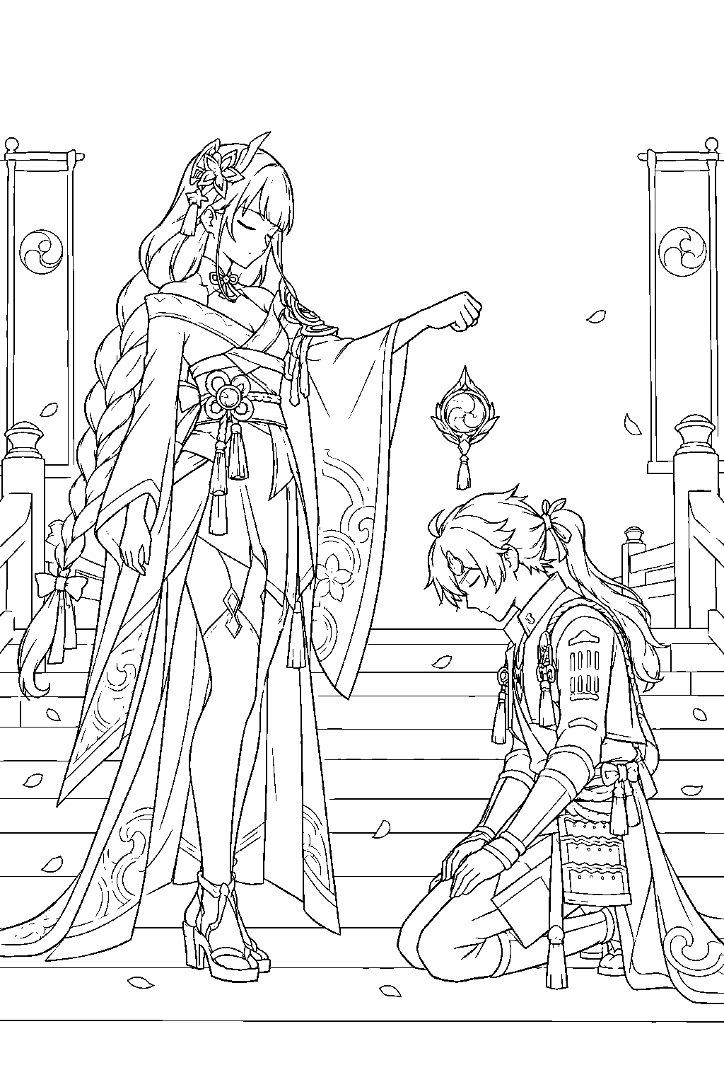 genshin impact raiden shogun presiding over thoma s vision hunt ceremony line art