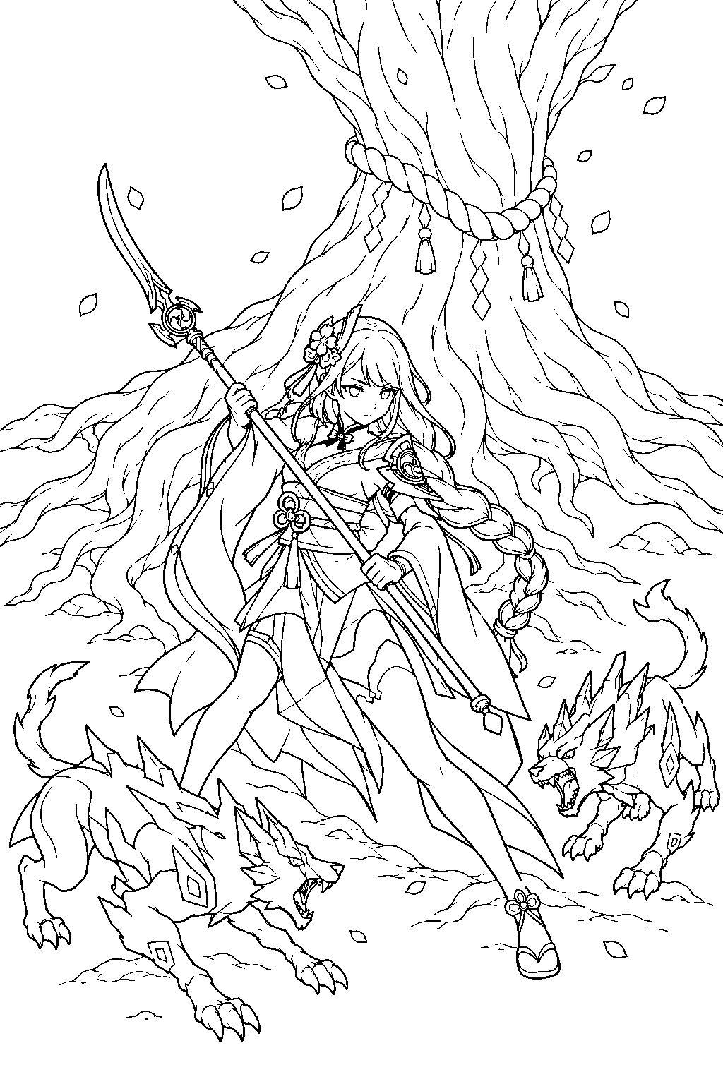 genshin impact raiden shogun protecting the sacred sakura roots from rifthound whelps line art
