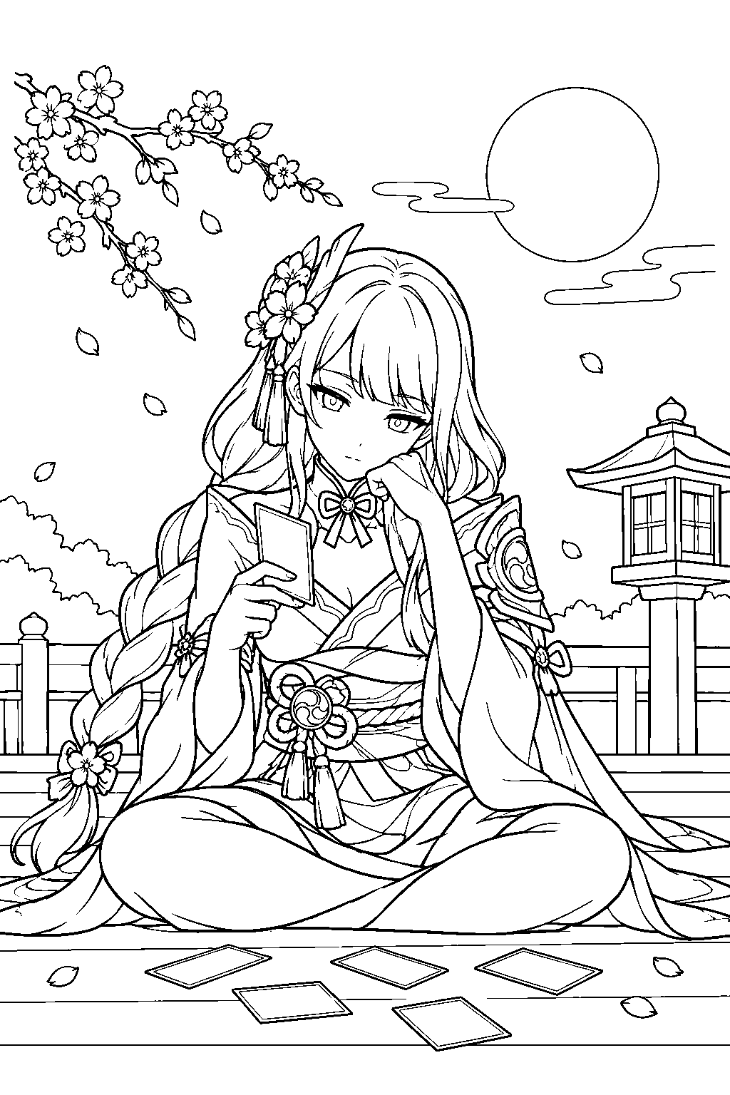 genshin impact raiden shogun reading poetry from karuta cards by moonlight line art