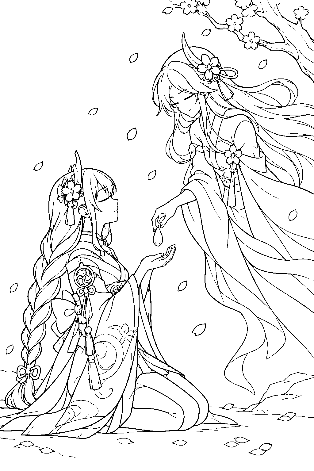 genshin impact raiden shogun receiving the sacred sakura seed from makoto s consciousness line art