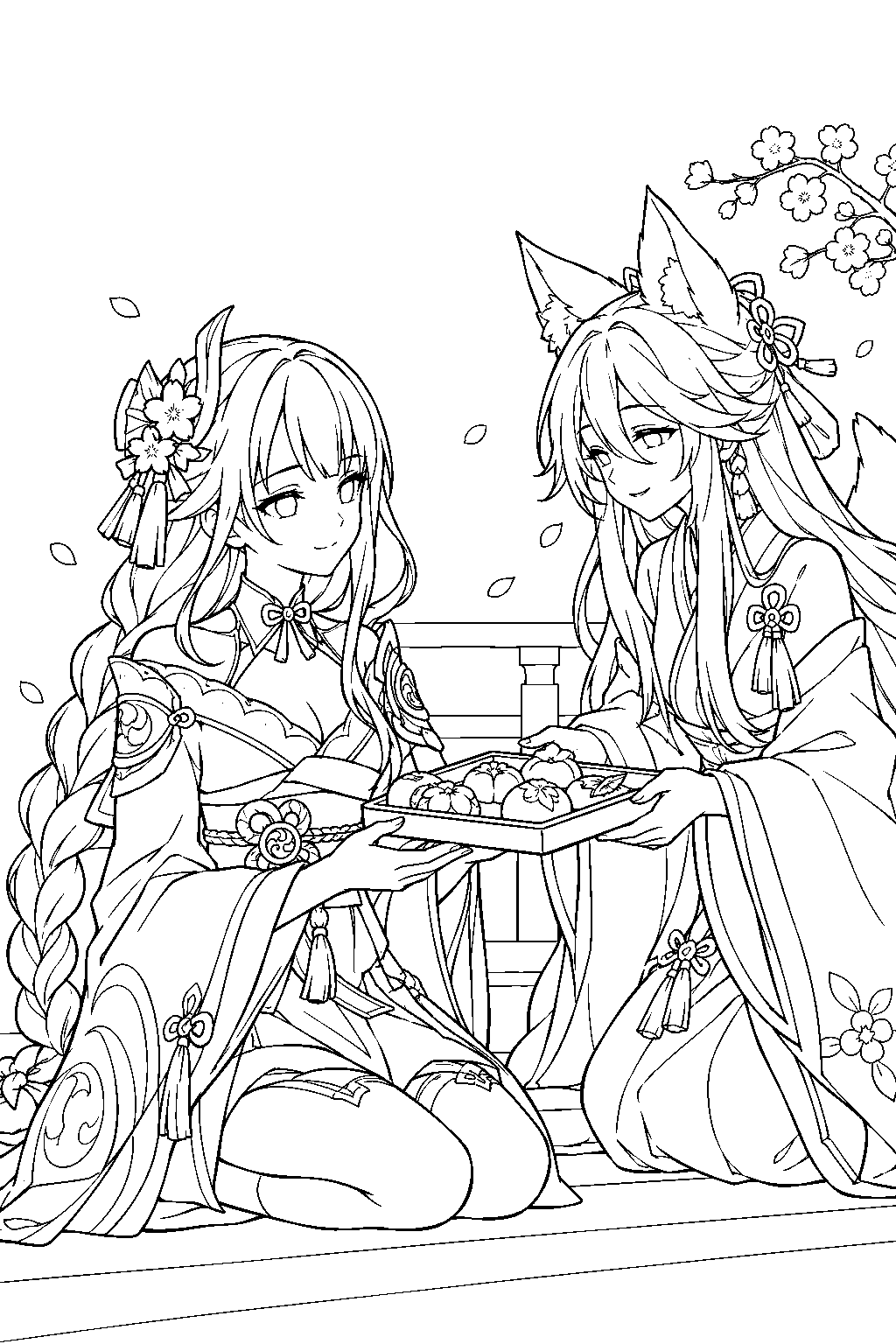 genshin impact raiden shogun receiving victory pastries from kitsune saiguu line art