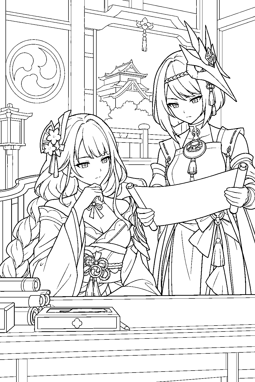 genshin impact raiden shogun reviewing a shogunate report with kujou sara in tenshukaku line art