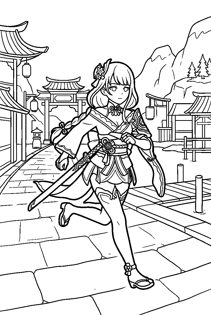 genshin impact raiden shogun running in liyue harbor line art