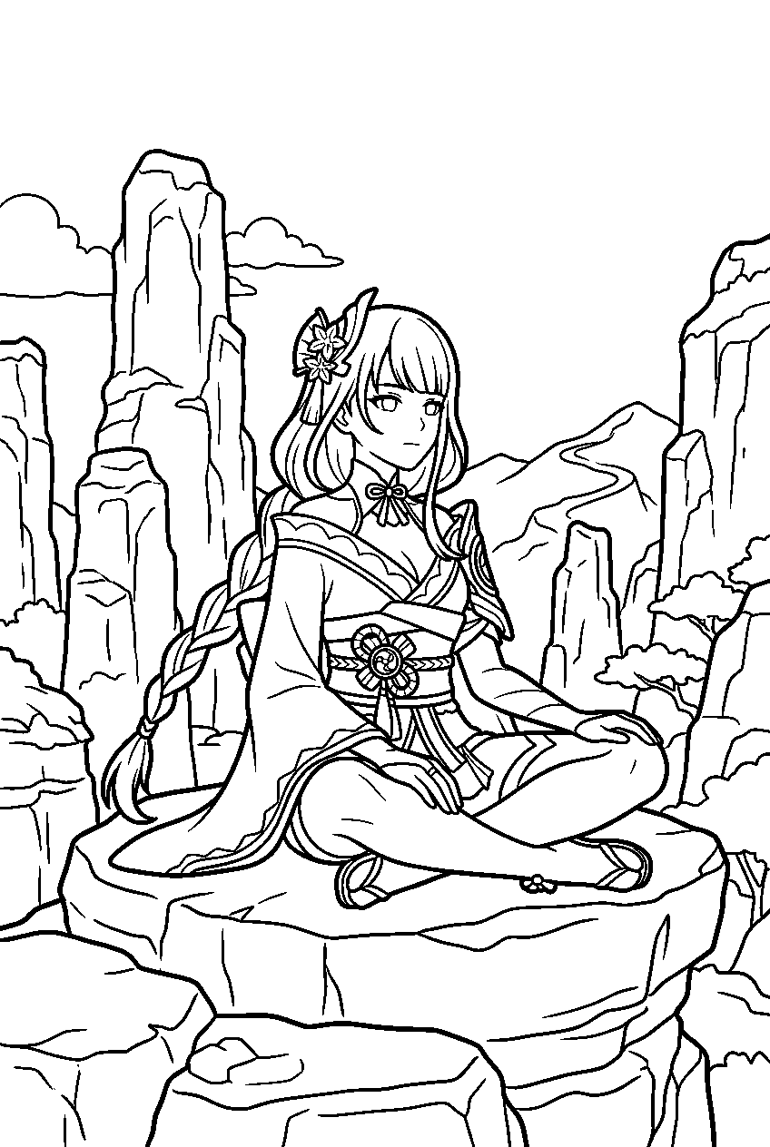 genshin impact raiden shogun sitting among stone forests of liyue line art