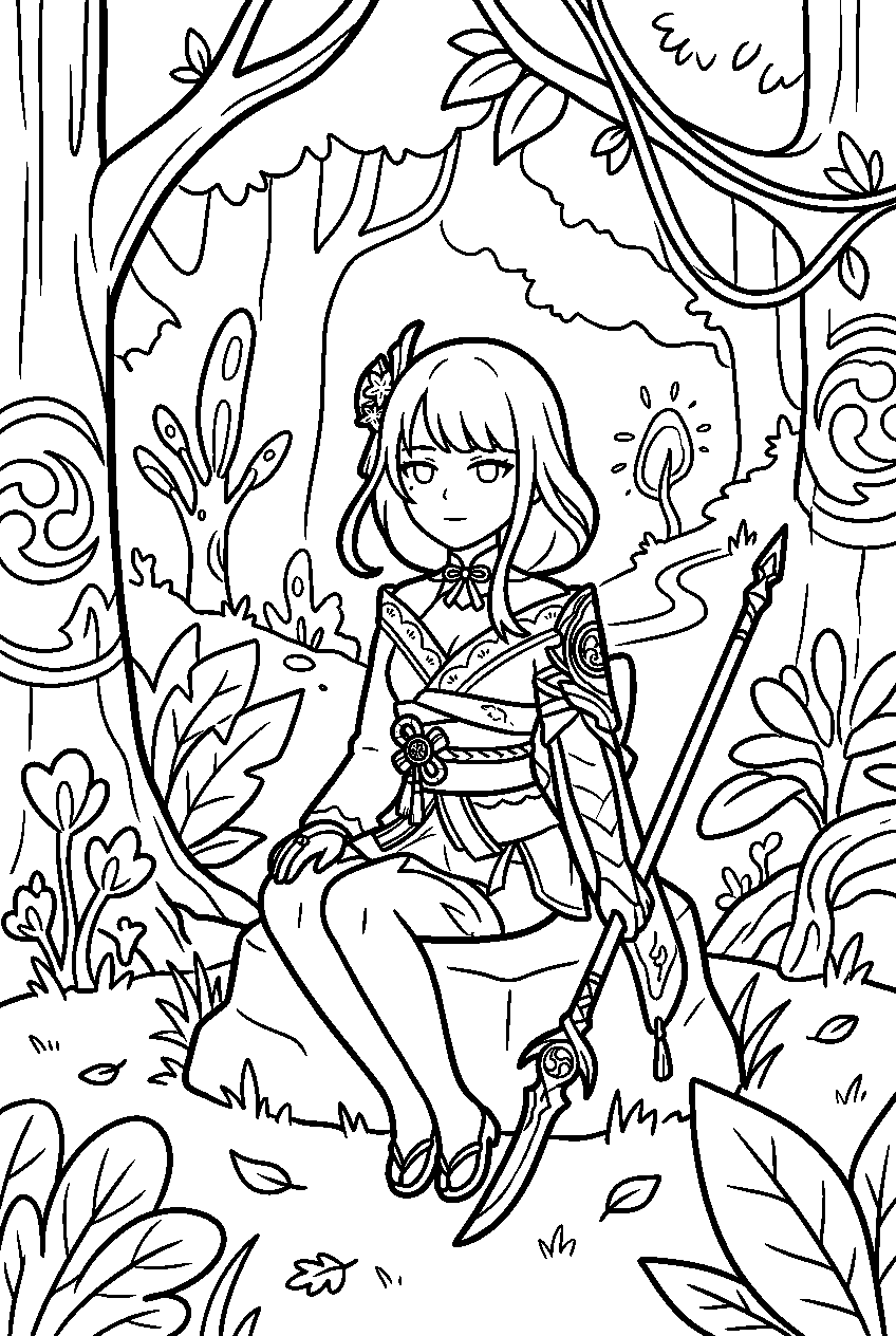 genshin impact raiden shogun sitting in apam woods line art