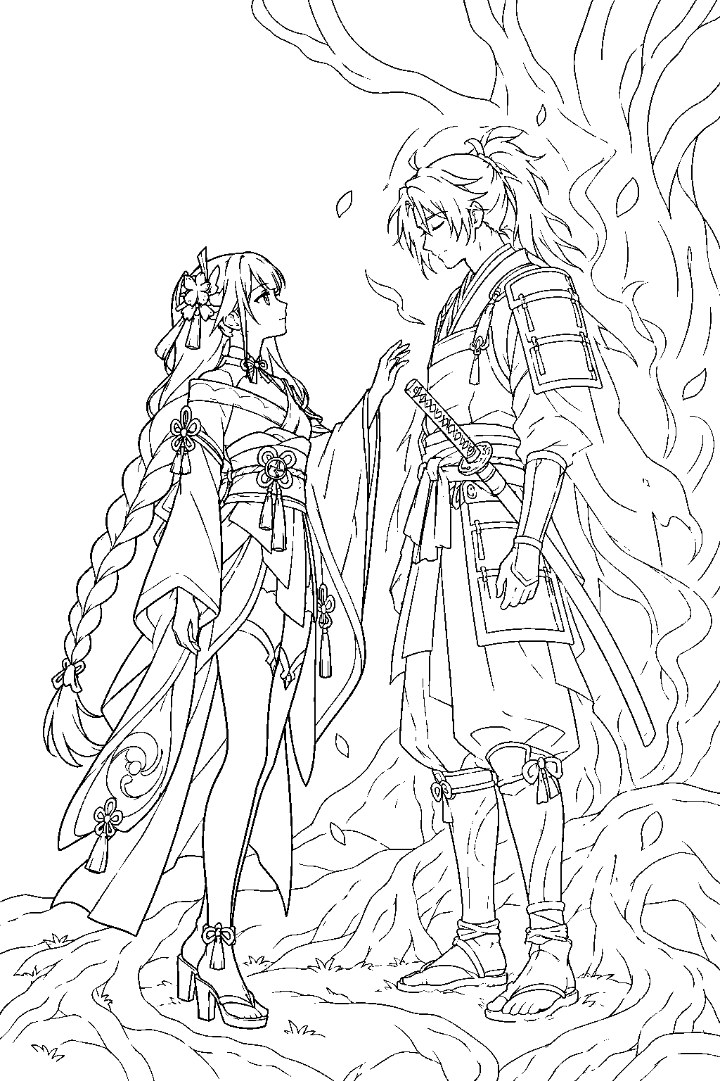 genshin impact raiden shogun speaking to kitamura s memory beside glowing tree roots line art