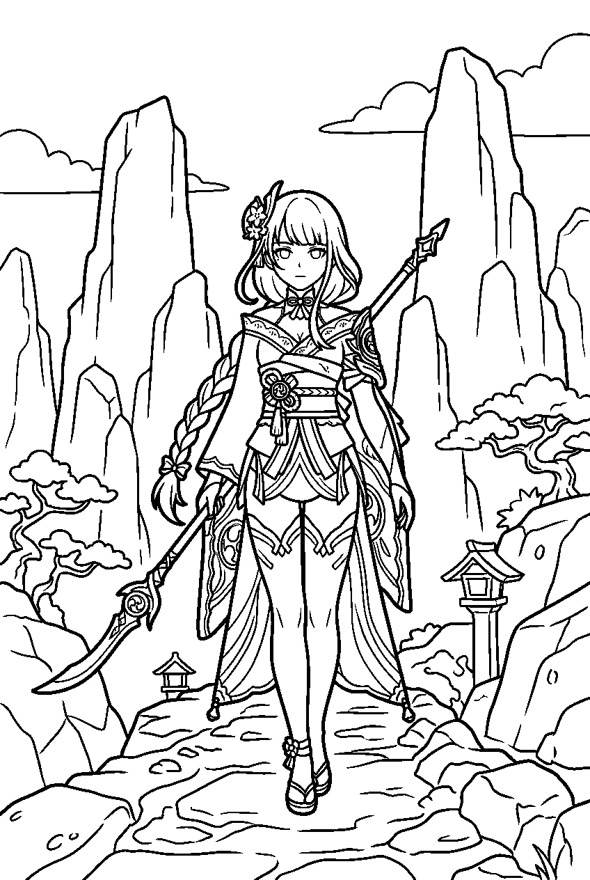 genshin impact raiden shogun standing among stone forests of liyue line art