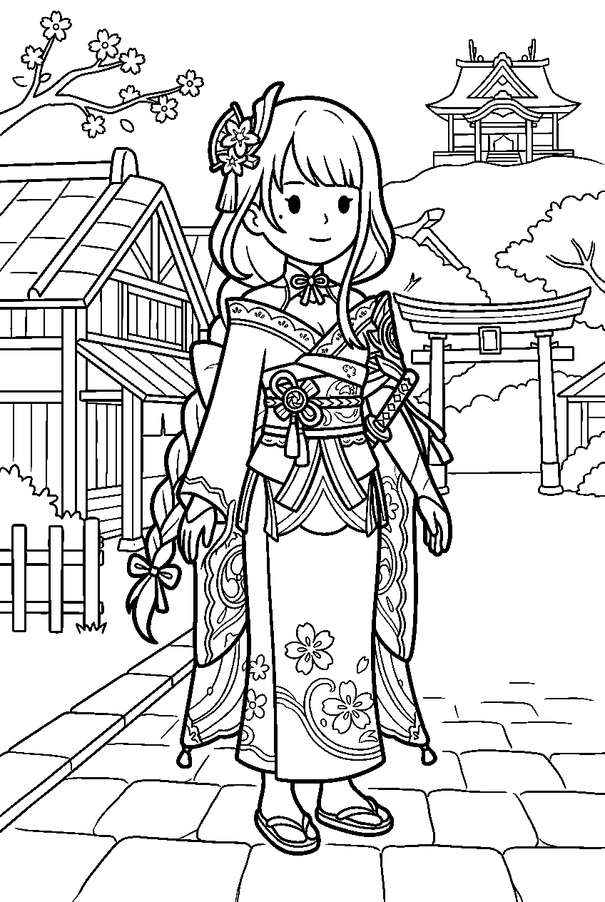 genshin impact raiden shogun standing calmly in inazuma city line art
