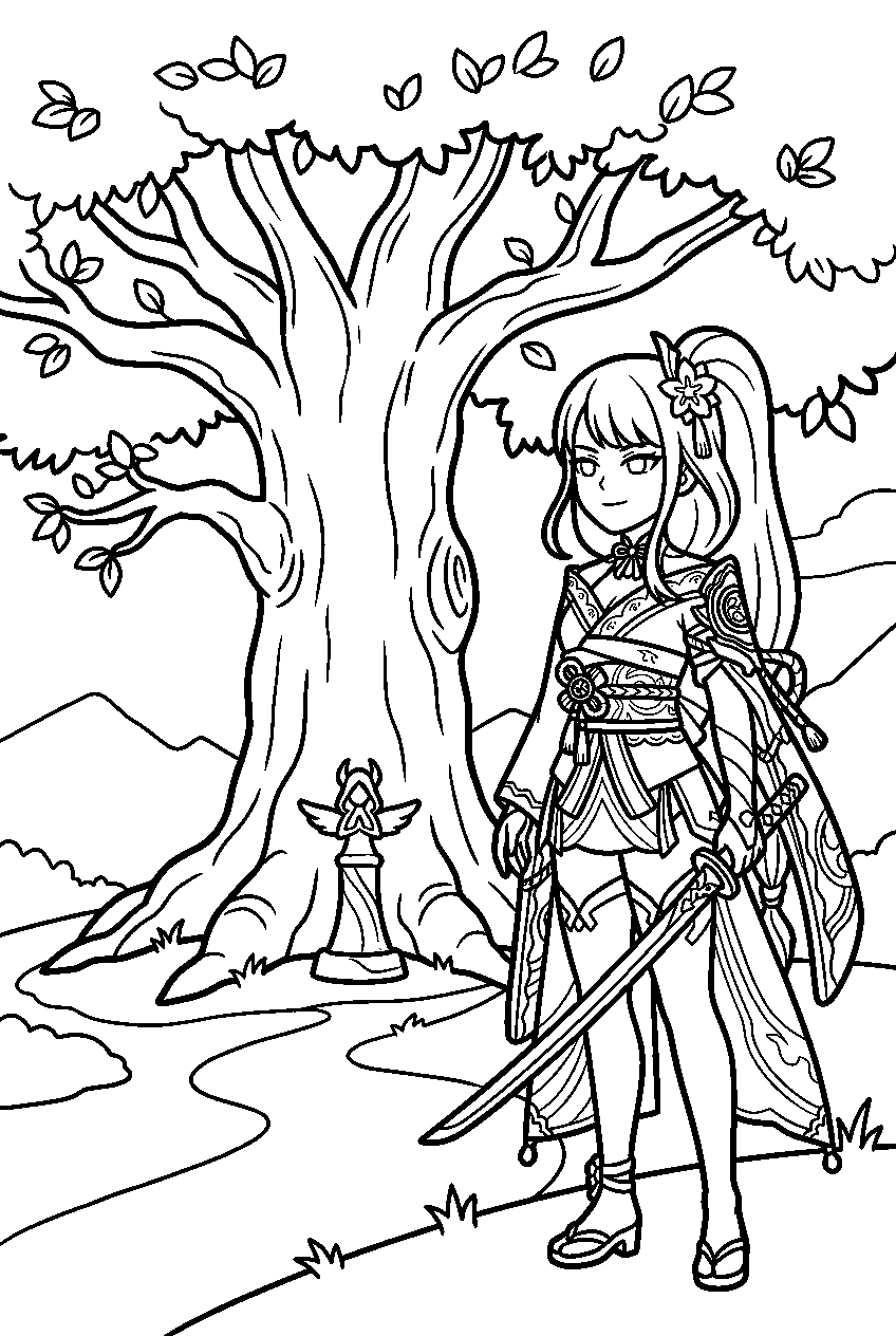 genshin impact raiden shogun standing confidently near windrise tree line art