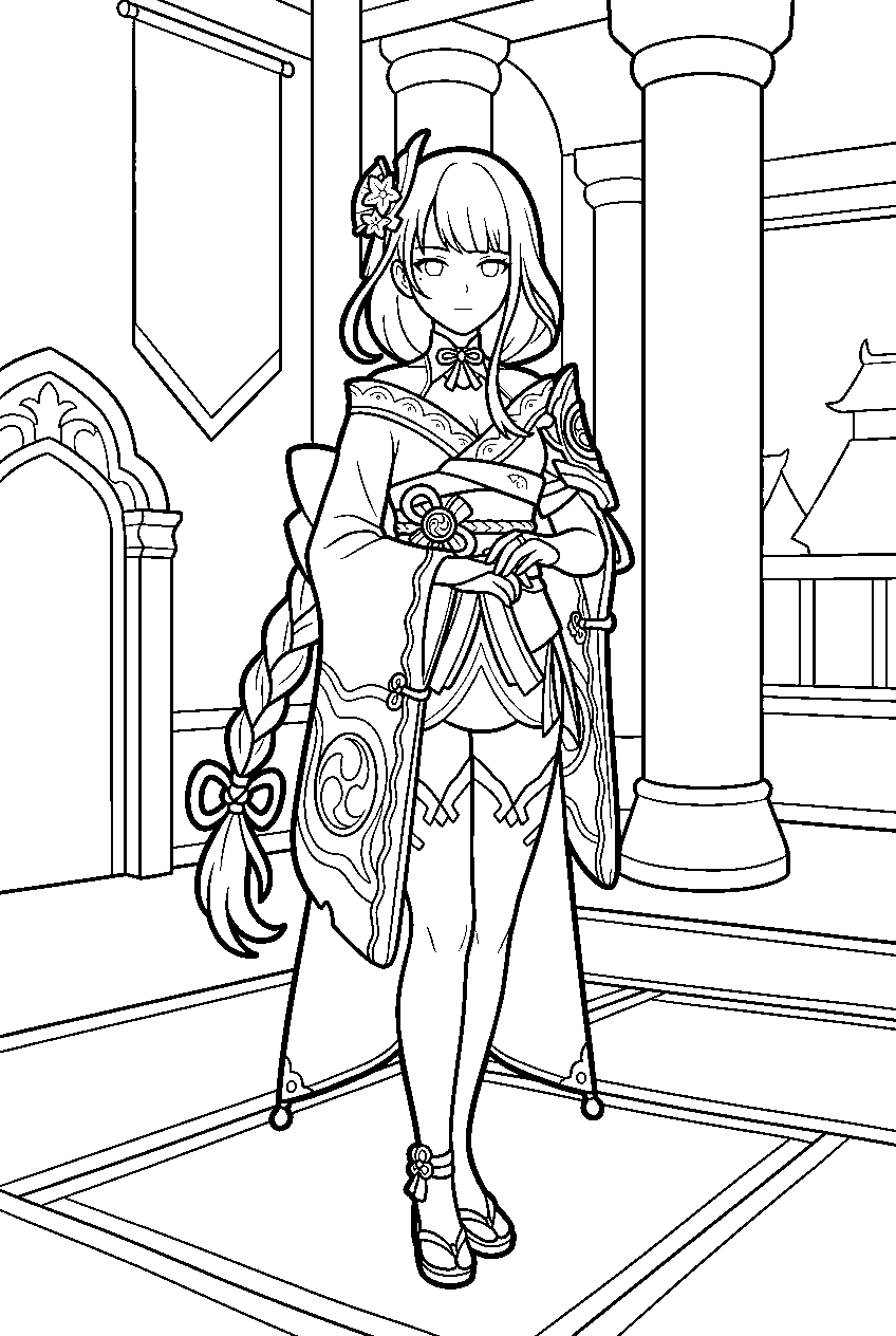 genshin impact raiden shogun standing in castle line art