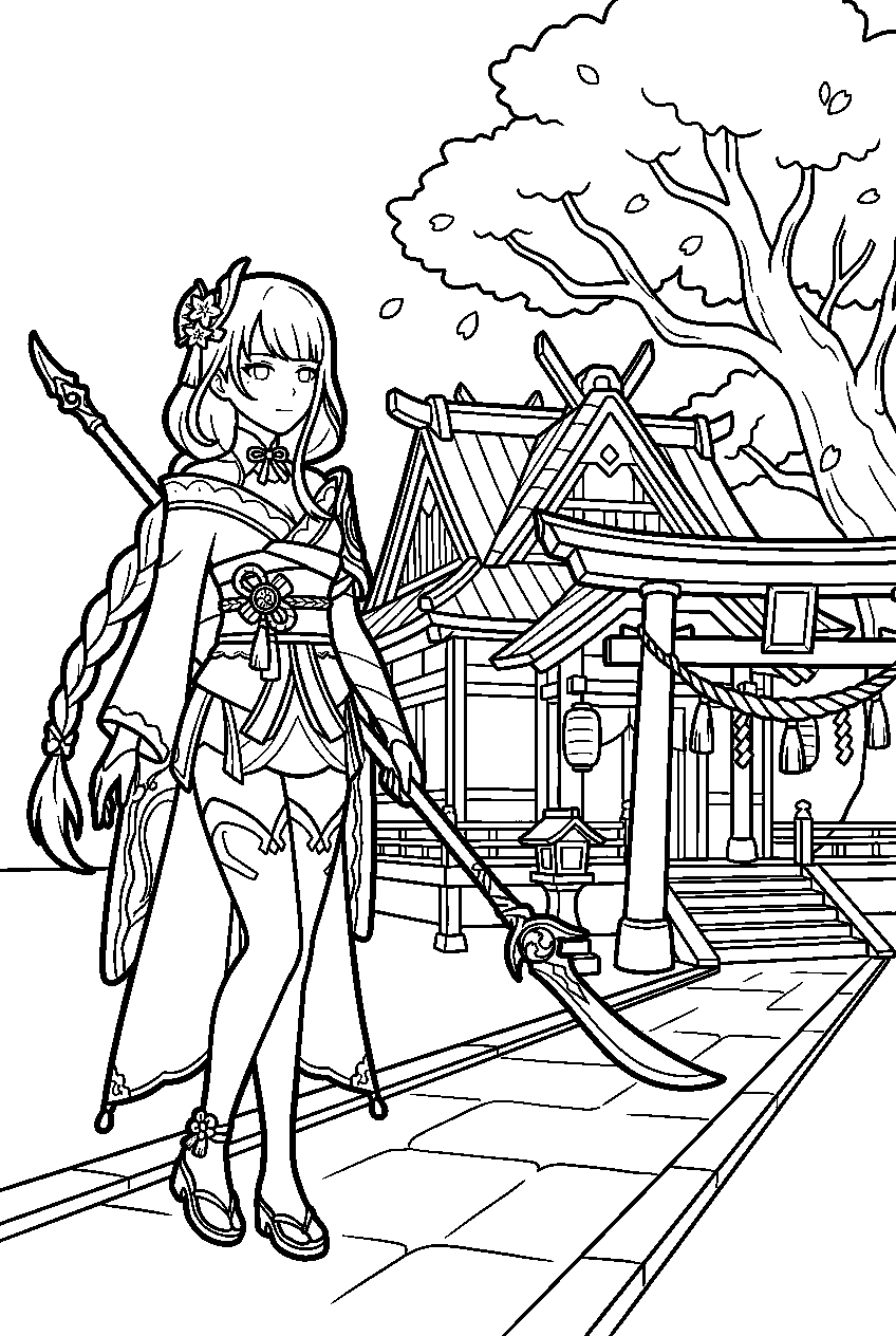genshin impact raiden shogun standing near grand narukami shrine line art