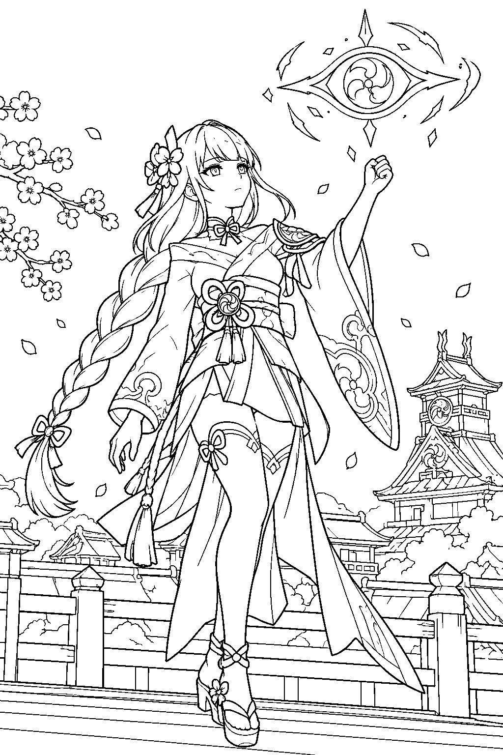 genshin impact raiden shogun summoning the eye of stormy judgment above inazuma rooftops line art