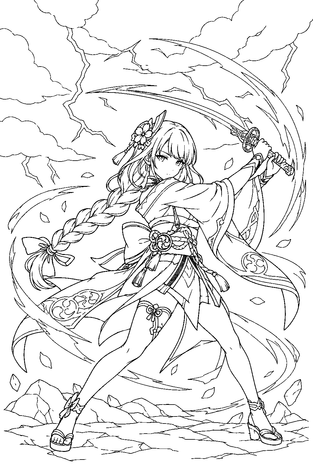 genshin impact raiden shogun unleashing musou no hitotachi beneath storm clouds line art
