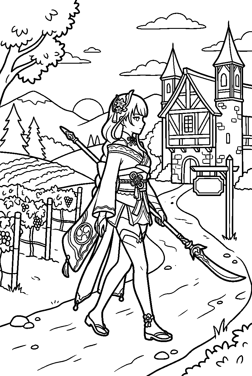genshin impact raiden shogun walking in dawn winery line art