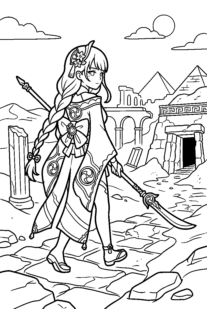 genshin impact raiden shogun walking in desert ruins line art
